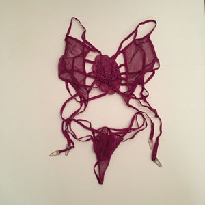 Lacy Cross Bra G-String Purple Lingerie Set Small
